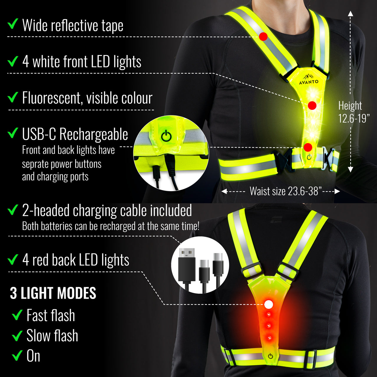 Avanto Lifestyle Avanto LED Reflective Vest, Original, USB-C Rechargeable LED Running Vest, High Visibility Running Vest with Light, Running Lights